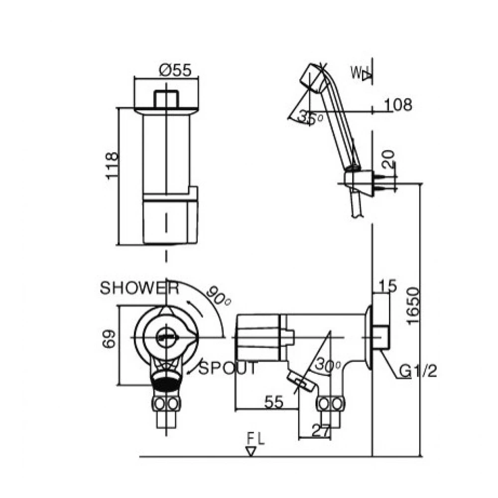 Bản vẽ kỹ thuật kích thước lắp đặt Bộ sen tắm INAX BFV-10 - Sen lạnh