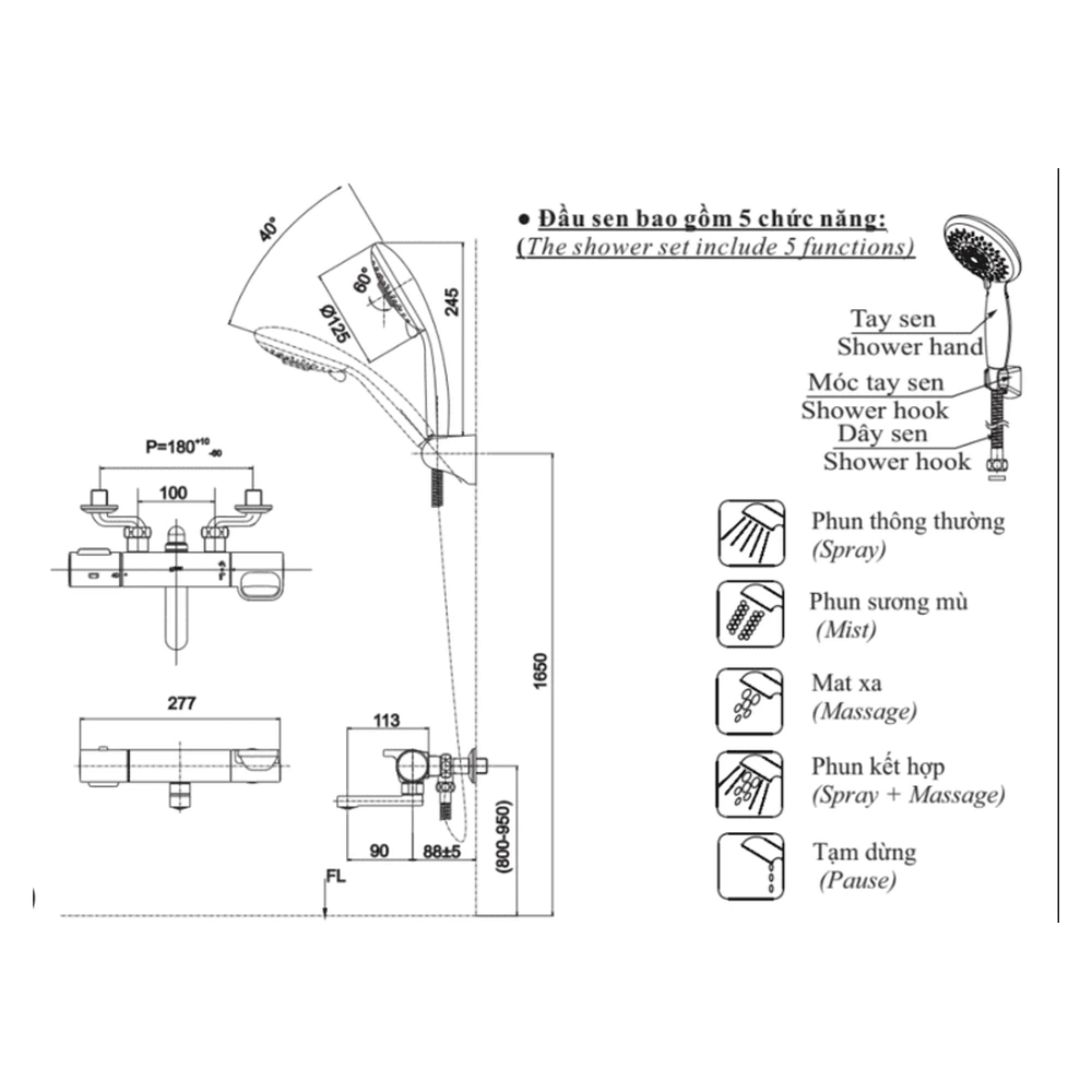 Bản vẽ kỹ thuật kích thước lắp đặt Sen tắm nhiệt độ INAX BFV-7145T-3C - THERMOSTAT Japan