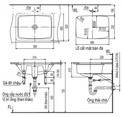 Bản vẽ kỹ thuật chi tiết kích thước chậu âm bàn chữ nhật INAX L-2298V