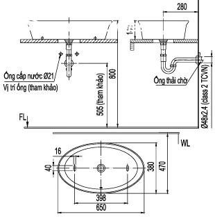 Bản vẽ kỹ thuật chi tiết kích thước chậu đặt bàn elip INAX L-300V
