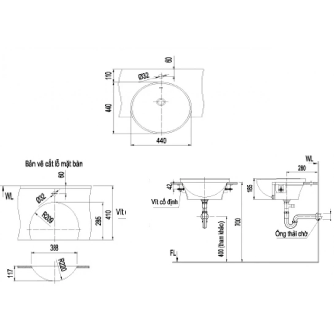 Bản vẽ kỹ thuật chi tiết kích thước chậu bán âm bàn tròn INAX L-333V
