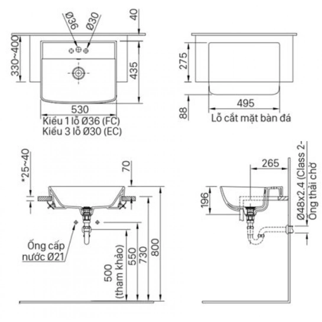 Bản vẽ kỹ thuật chi tiết kích thước chậu bán âm bàn INAX L-345VEC