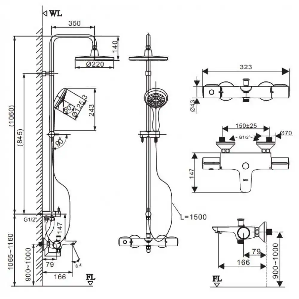 Bản vẽ kỹ thuật của sản phẩm sen cây Inax BFV-3415T-8C