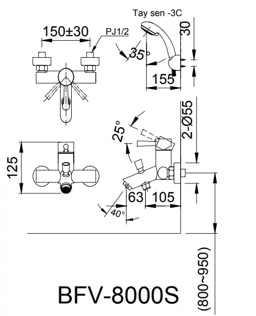 Bản vẽ kỹ thuật sen tắm INAX BFV-8000S-1C