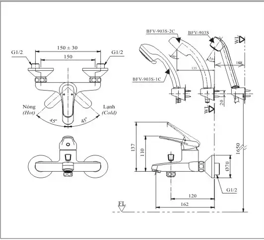 Bản vẽ kỹ thuật sen tắm INAX BFV-903S-2C