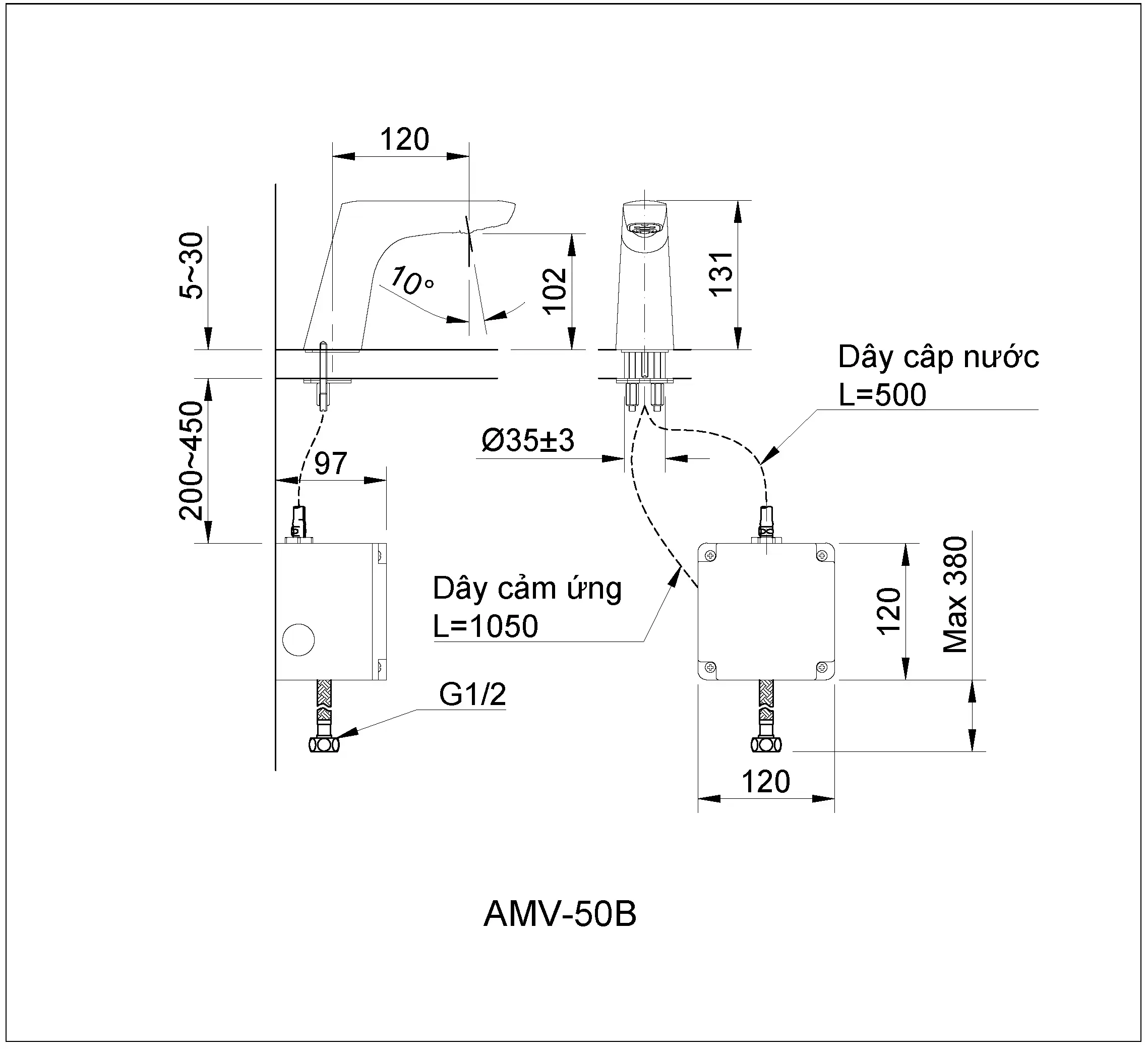 Bản vẽ kỹ thuật vòi chậu cảm ứng INAX AMV-50B