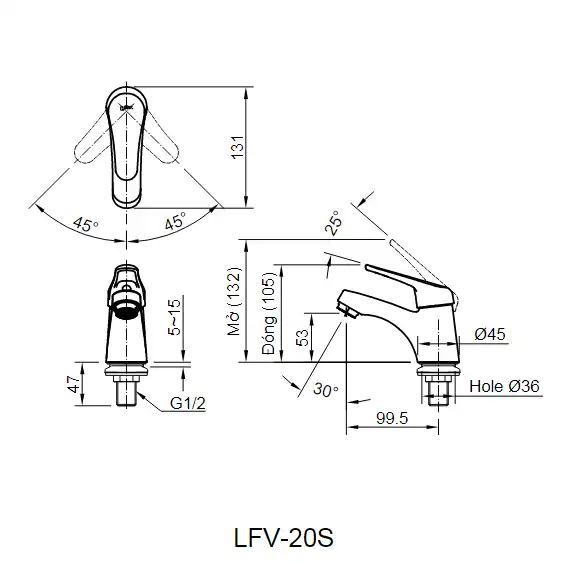 Bản vẽ kỹ thuật vòi lavabo nước lạnh INAX LFV-20S