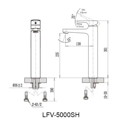 Bản vẽ kỹ thuật vòi chậu lavabo nóng lạnh INAX LFV-5000SH