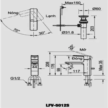Bản vẽ kỹ thuật vòi chậu lavabo nóng lạnh INAX LFV-5012S