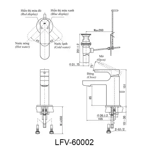 Bản vẽ kỹ thuật vòi chậu lavabo nóng lạnh INAX LFV-6002S