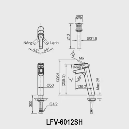Bản vẽ kỹ thuật vòi chậu lavabo nóng lạnh INAX LFV-6012SH