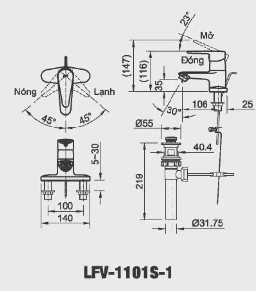 Bản vẽ kỹ thuật vòi chậu lavabo nóng lạnh INAX LFV-1101S-1 