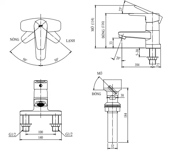 Bản vẽ kỹ thuật vòi chậu lavabo nóng lạnh INAX LFV-1201S-1