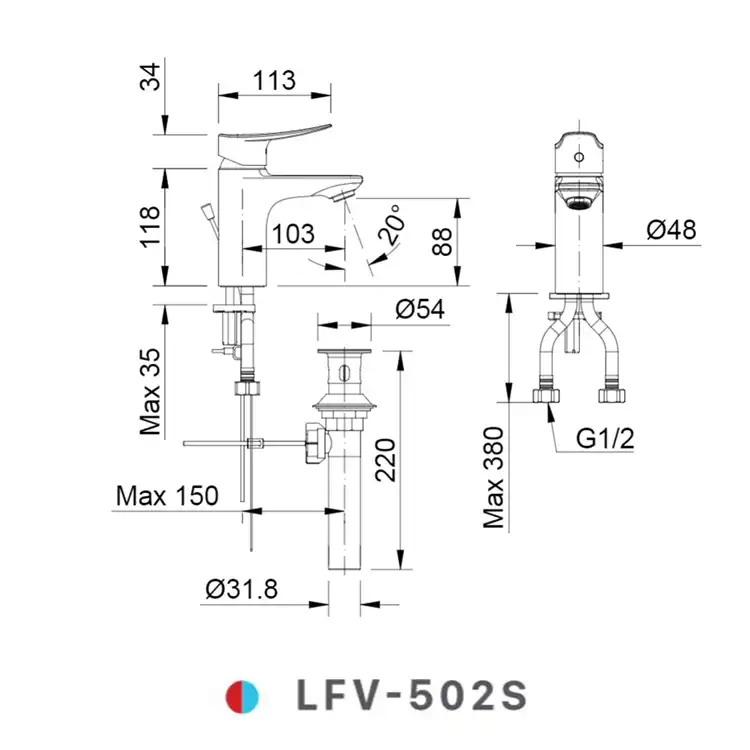 Bản vẽ kỹ thuật vòi chậu lavabo nóng lạnh INAX LFV-502S
