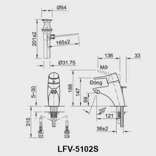 Bản vẽ kỹ thuật vòi chậu lavabo nóng lạnh INAX LFV-5102S