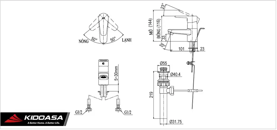 Bản vẽ kỹ thuật vòi chậu lavabo nóng lạnh INAX LFV-1202S-1