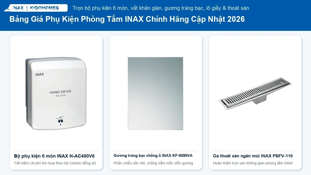 Bảng giá phụ kiện phòng tắm INAX chính hãng 2026: Bộ 6 món, vắt khăn, lô giấy, ga thoát sàn