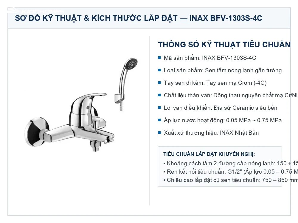 Bản vẽ kỹ thuật Sen tắm nóng lạnh INAX BFV-1303S-4C
