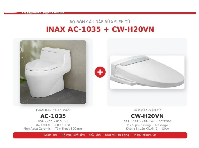 Bồn cầu nắp rửa điện tử INAX AC-1035+CW-H20VN: xứng đáng là bộ đôi đầu tư