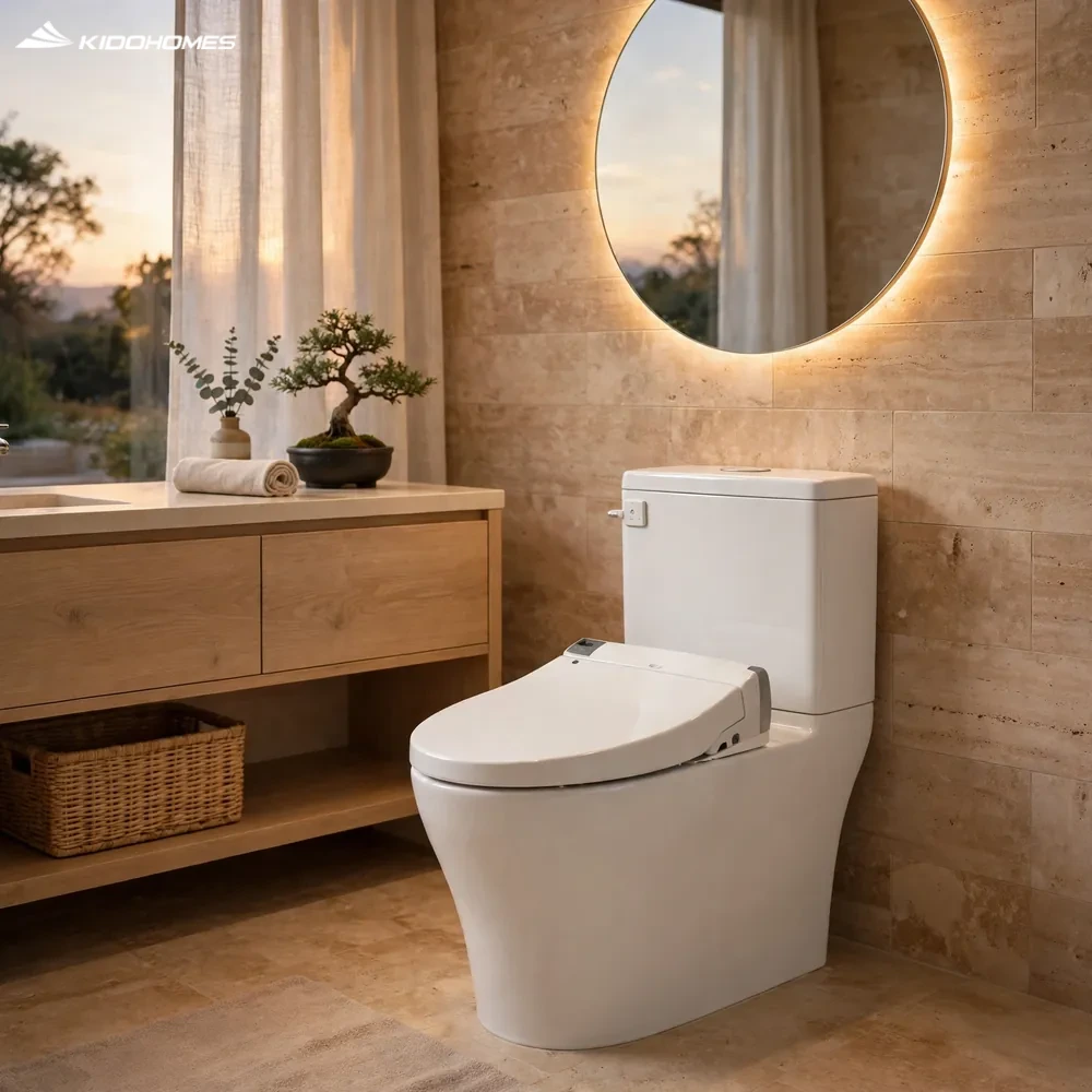 Bồn cầu INAX AC-832 + CW-KA22AVN trong phòng tắm spa travertine ấm