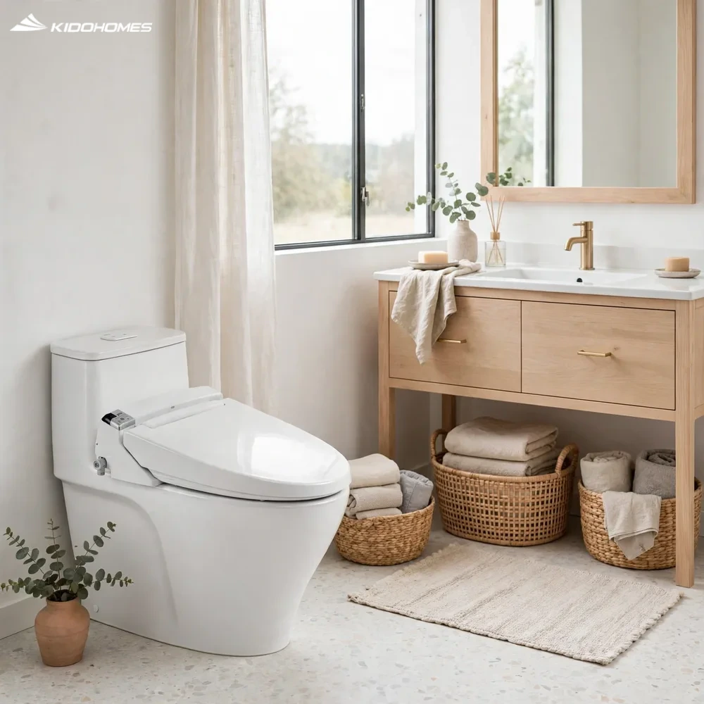 Phối cảnh phòng tắm phong cách Scandinavian với bồn cầu 1 khối INAX AC-989 và nắp điện tử CW-KA22AVN