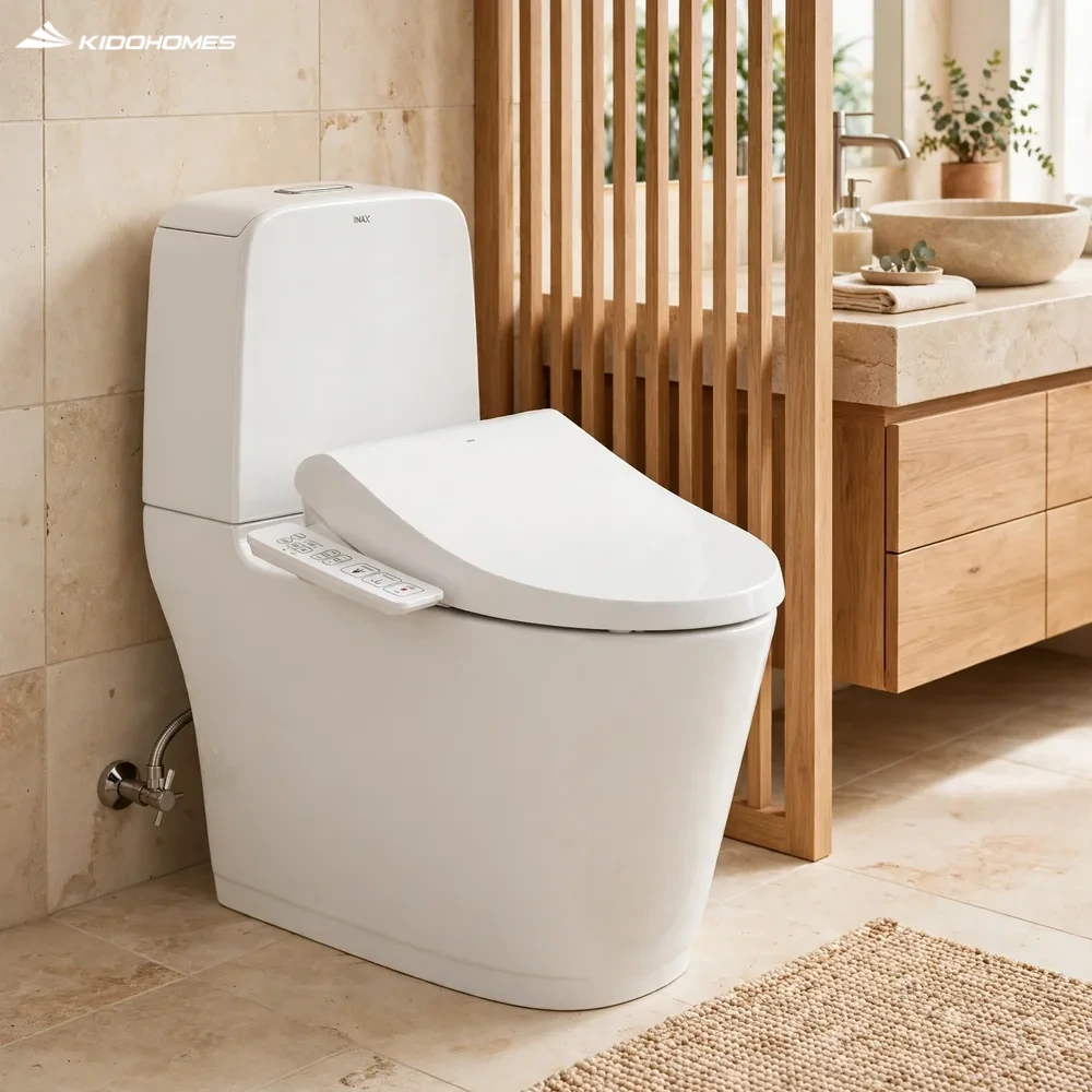 Bồn cầu INAX ACT-832+CW-H17VN 2 khối cảm ứng nắp rửa điện tử trong phòng tắm gỗ sáng ấm