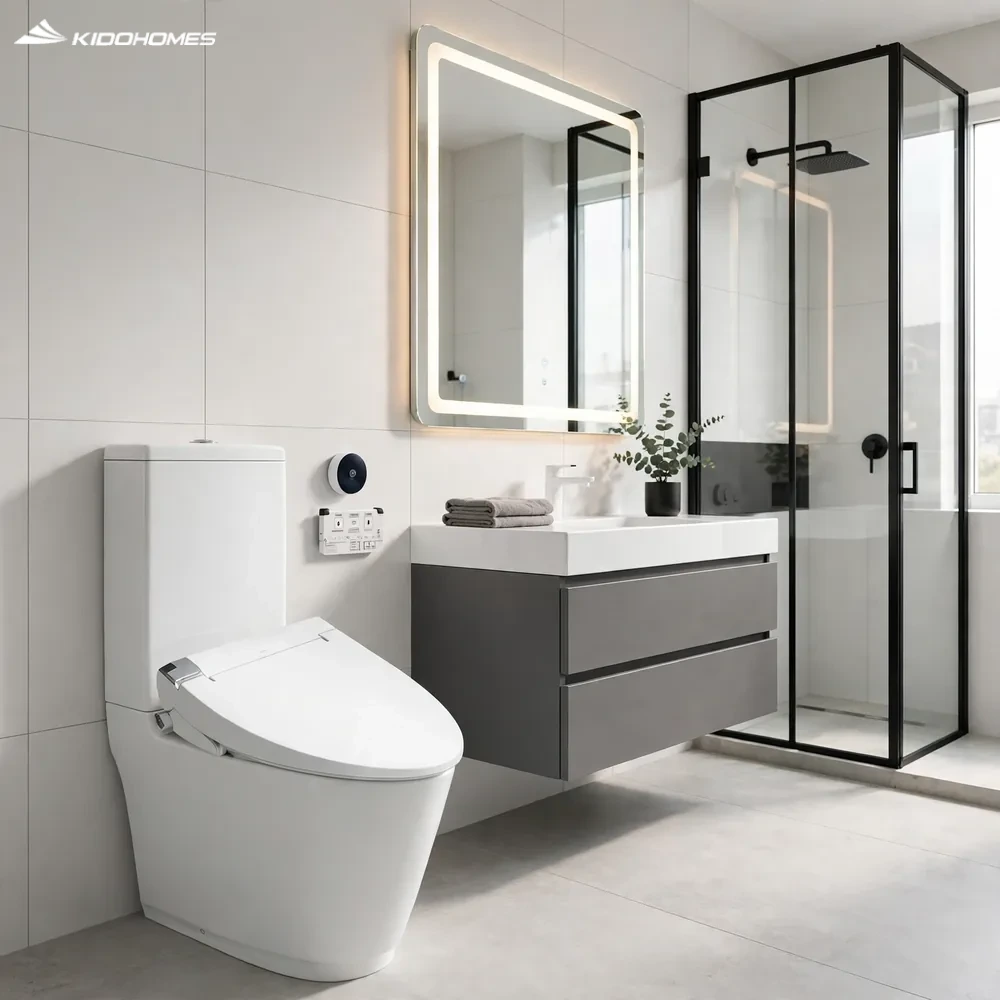 Bồn cầu INAX ACT-832 + CW-KA22AVN trong phòng tắm hiện đại trắng xám, két 2 khối và cảm biến xả trên tường