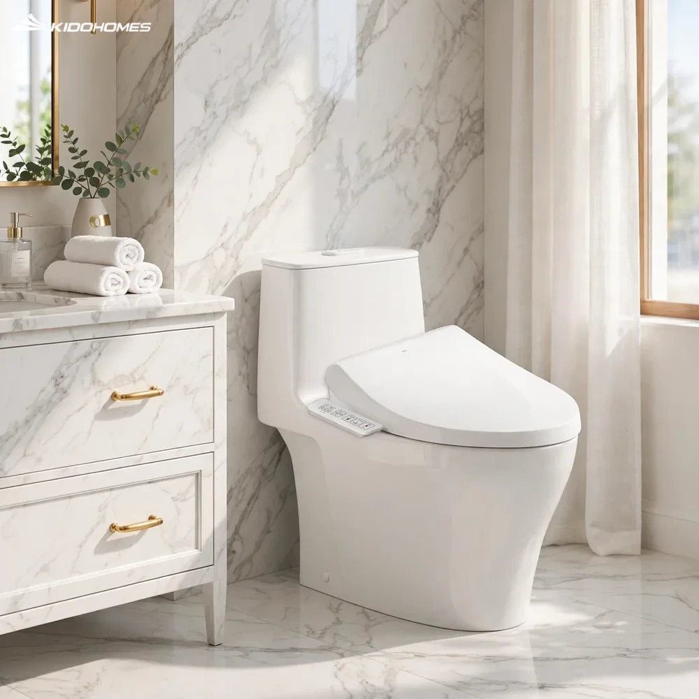 Bồn cầu INAX ACT-902+CW-H17VN 1 khối cảm ứng nắp rửa điện tử trong phòng tắm marble Calacatta sáng
