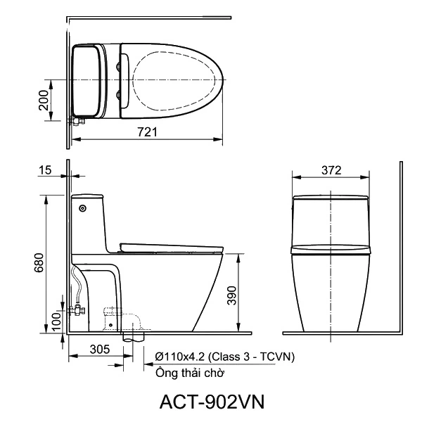 Bản vẽ kỹ thuật Bồn cầu 1 khối xả cảm ứng INAX ACT-902 + CW-S32VN Nắp rửa cơ kích thước lắp đặt tiêu chuẩn