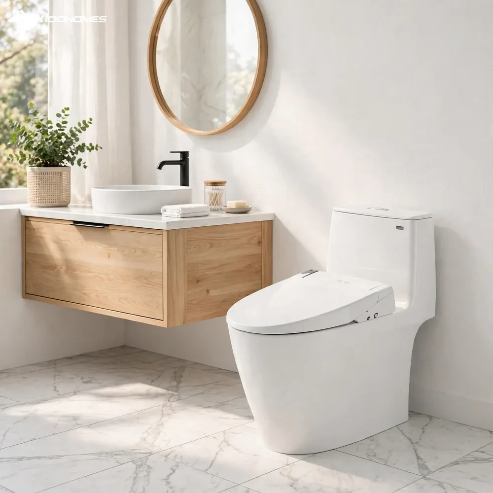 Bồn cầu INAX ACT-902 + CW-KA22AVN trong phòng tắm tối giản sáng với tủ lavabo gỗ sồi