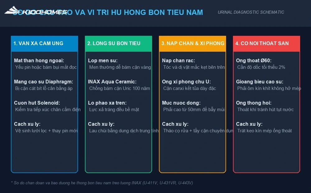 Sơ đồ cấu tạo và các điểm phát sinh sự cố bốc mùi thoát nước chậm trên bồn tiểu nam INAX