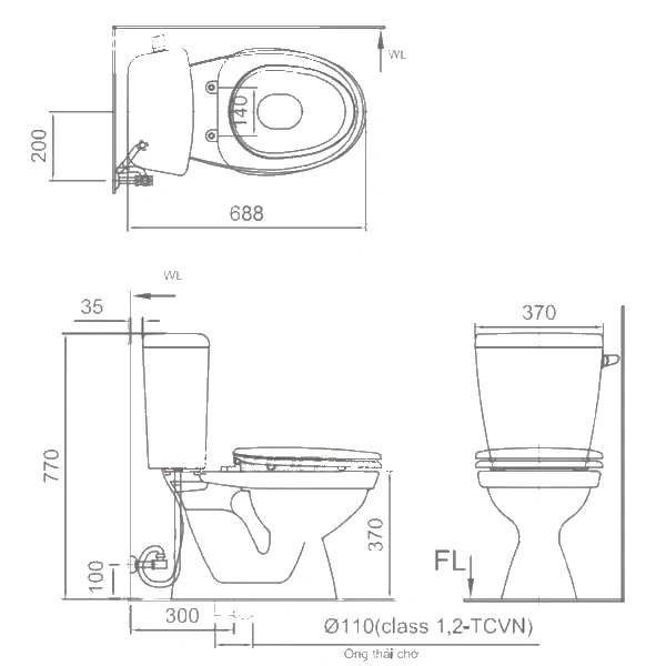 Bản vẽ kỹ thuật Bồn cầu 2 khối INAX C-117VA kích thước lắp đặt chính hãng INAX