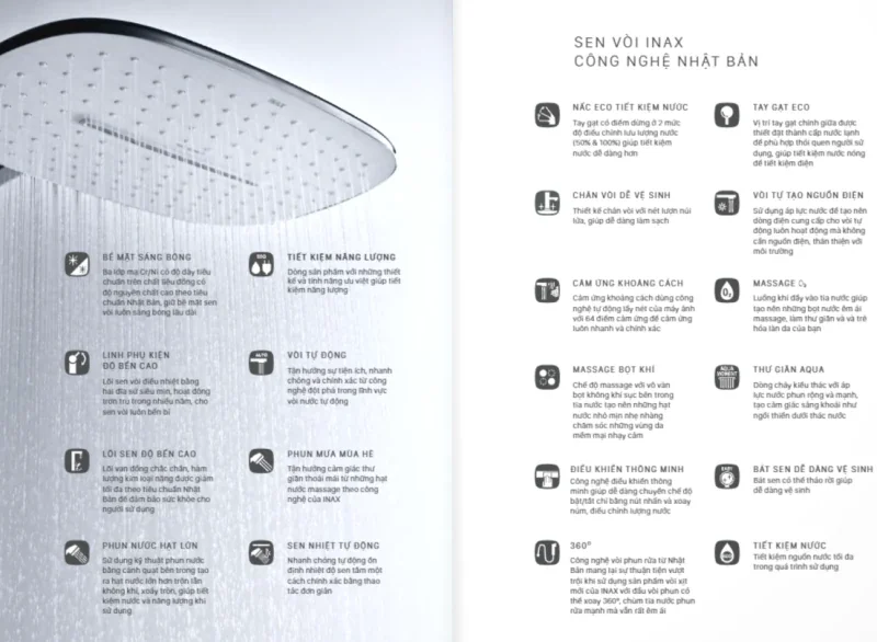 Catalogue Thiết bị vệ sinh INAX mới nhất 2025: Khám phá xu hướng và công nghệ tiên tiến 13 Công nghệ sen tắm Inax