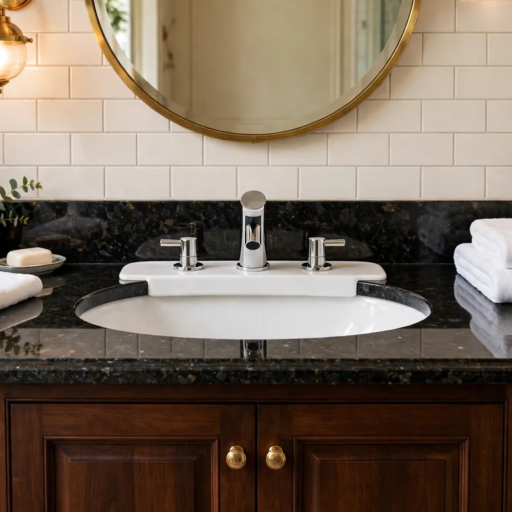 Phối cảnh phòng tắm master đá granite đen và tủ gỗ óc chó kết hợp chậu lavabo âm bàn INAX AL-2094VEC
