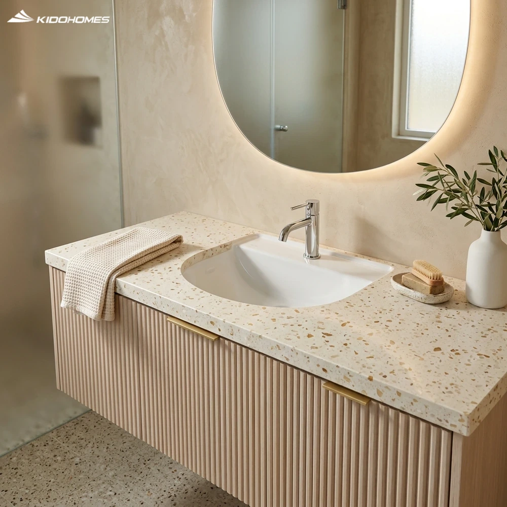 Phối cảnh phòng tắm phong cách Địa Trung Hải Japandi ấm áp kết hợp chậu lavabo âm bàn INAX AL-2094VFC trên bàn đá Terrazzo