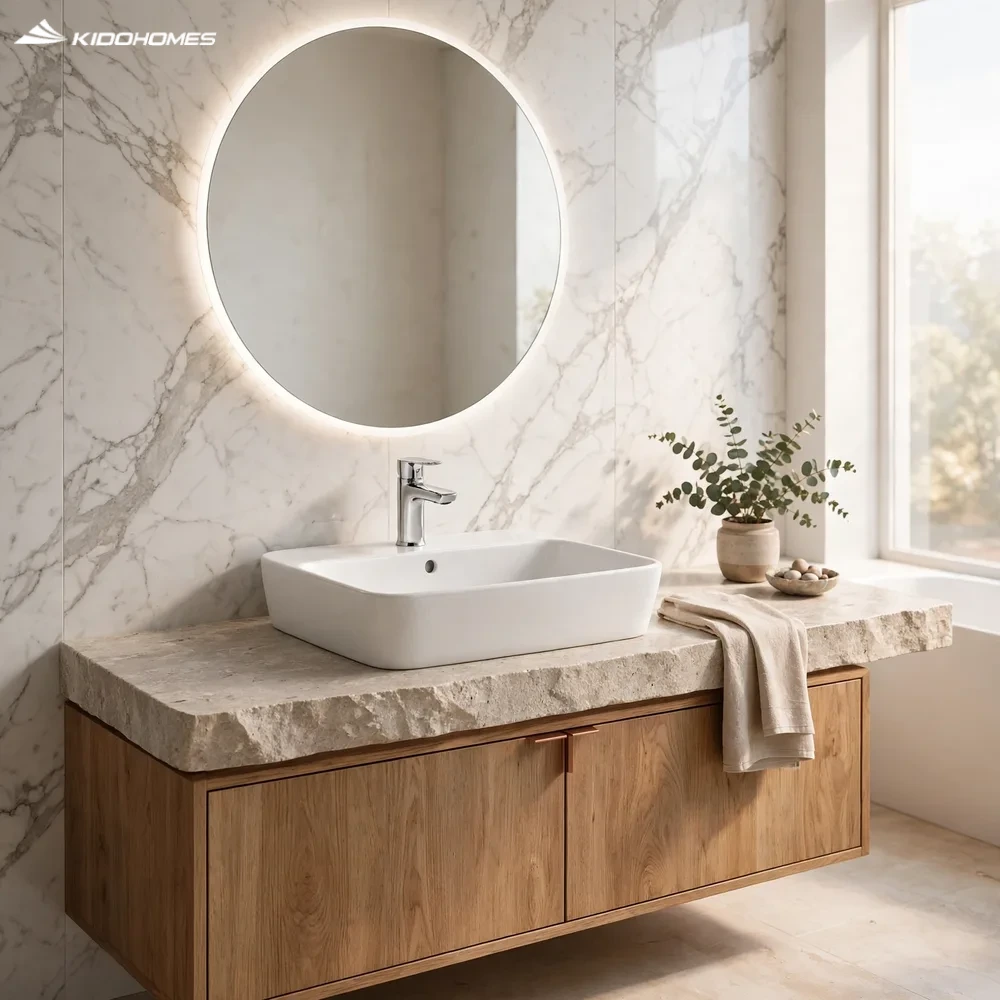 Phối cảnh phòng tắm Japandi với chậu lavabo đặt bàn INAX AL-286VFC trên bàn đá sáng