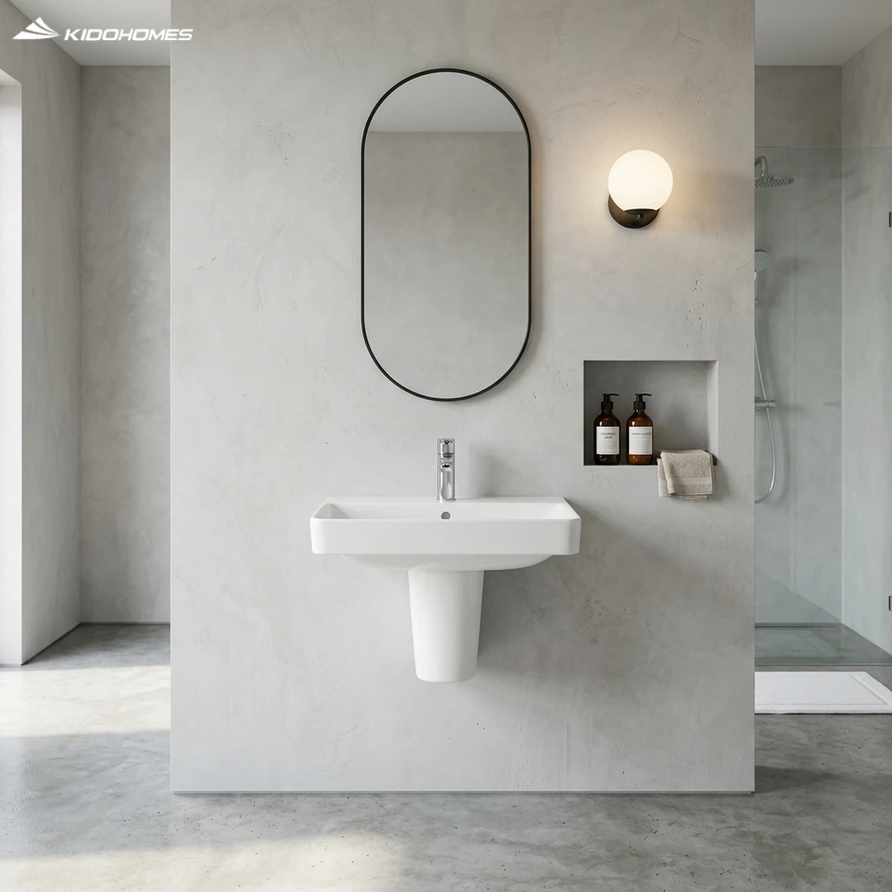 Phối cảnh phòng tắm hiện đại tối giản lắp đặt chậu treo tường chân lửng INAX AL-289VFC/L-288VC