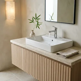 Phối cảnh phòng tắm phong cách Japandi kết hợp chậu lavabo đặt bàn INAX AL-293V trên tủ gỗ sồi nan chớp