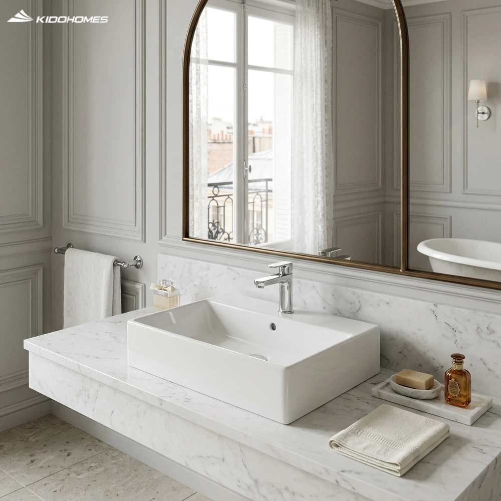 Phối cảnh phòng tắm phong cách Parisian cổ điển kết hợp chậu lavabo đặt bàn INAX AL-293V trên bàn đá cẩm thạch