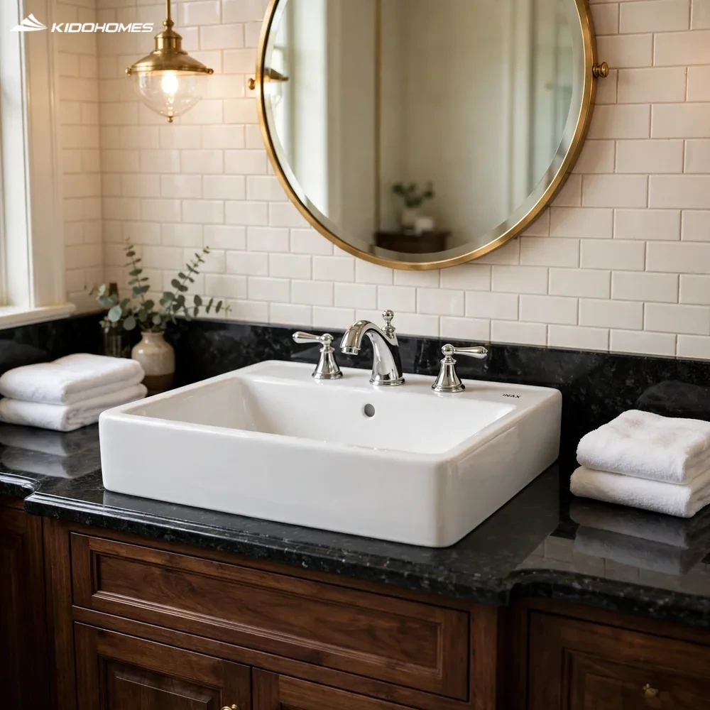 Phối cảnh phòng tắm master đá granite đen và tủ gỗ óc chó kết hợp chậu lavabo đặt bàn INAX AL-293VEC