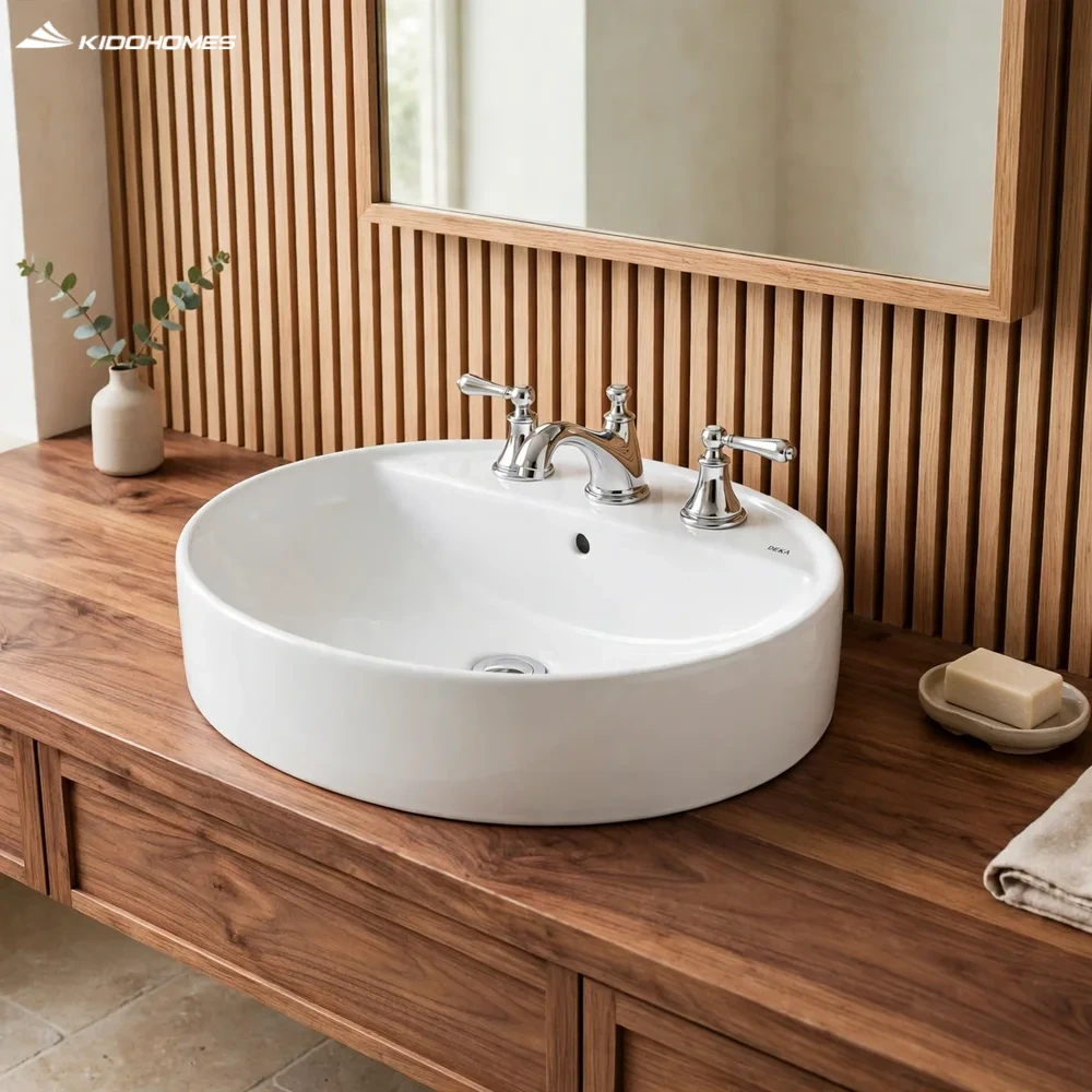 Phối cảnh phòng tắm với chậu lavabo đặt bàn tròn INAX AL-294VEC gắn bộ vòi 3 lỗ