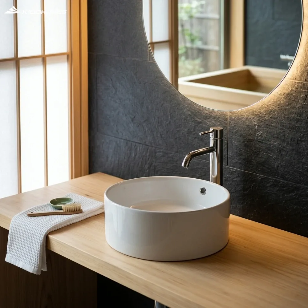 Chậu rửa mặt lavabo INAX đặt bàn trong không gian kiến trúc Nhật Bản - Xi phông INAX