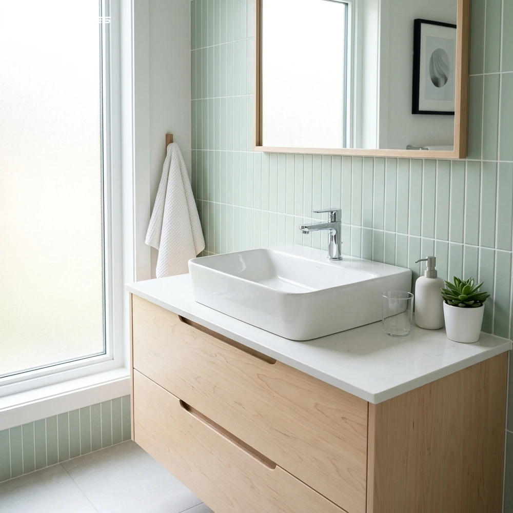 Phối cảnh phòng tắm phong cách Bắc Âu Scandinavian kết hợp chậu lavabo đặt bàn INAX AL-296V