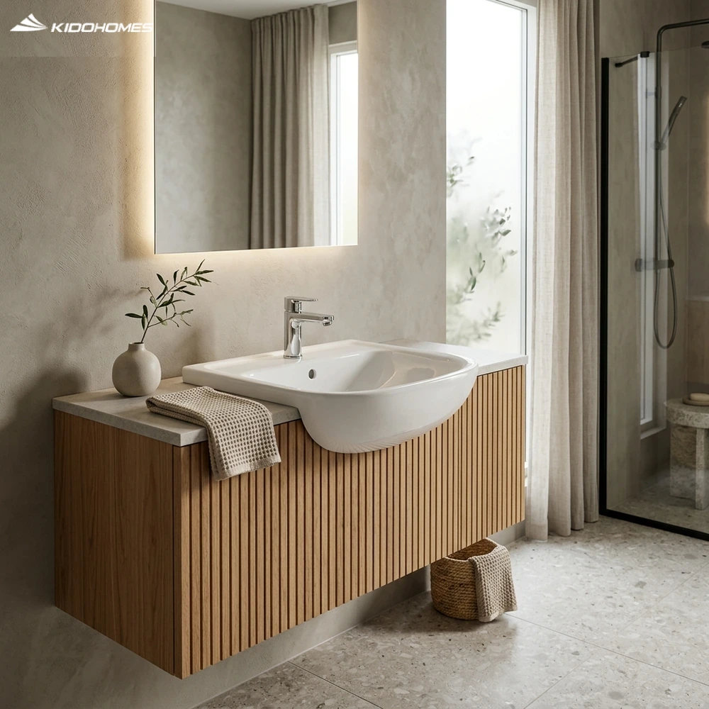 Phối cảnh tủ lavabo gỗ sồi kết hợp chậu bán âm bàn INAX AL-345VEC