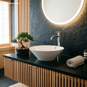 Chậu rửa mặt đặt bàn tròn INAX AL-445V trên bàn đá Granite đen phong cách Kyoto Zen Nhật Bản