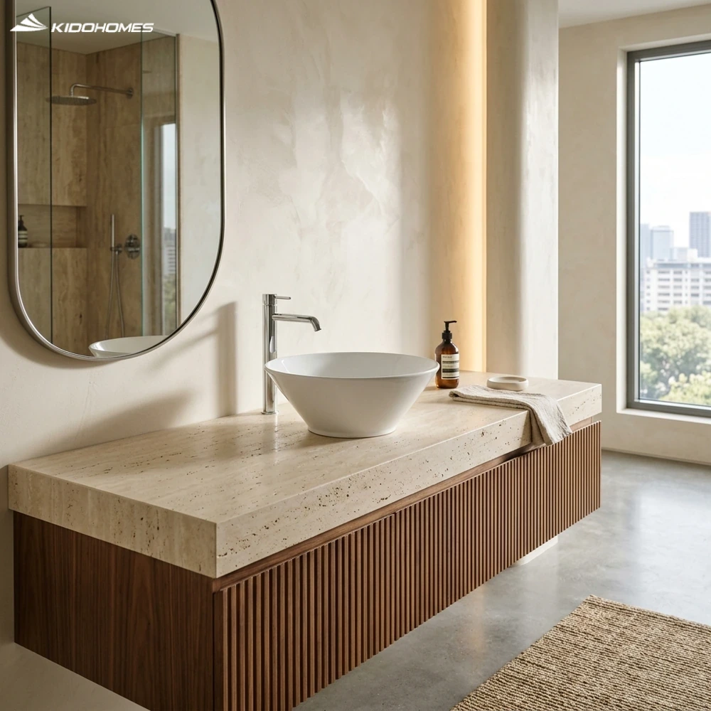 Phối cảnh phòng tắm penthouse kết hợp chậu lavabo đặt bàn tròn INAX AL-445V trên bàn đá Roman Travertine