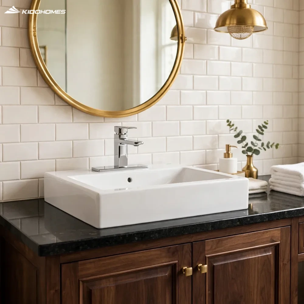 Phối cảnh phòng tắm master đá granite đen và tủ gỗ óc chó kết hợp chậu lavabo đặt bàn INAX AL-536VEC
