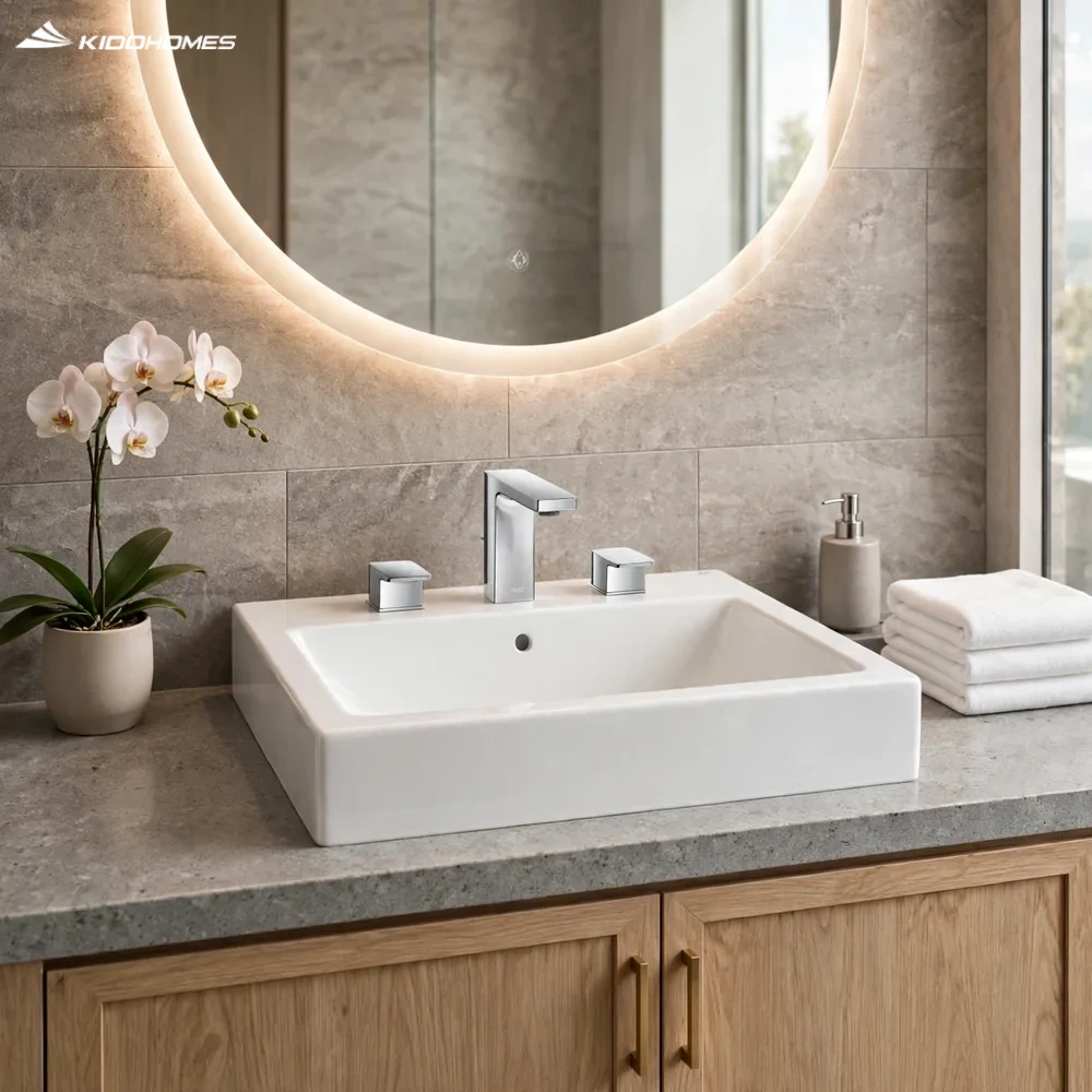 Phối cảnh phòng tắm khách sạn hiện đại kết hợp chậu lavabo đặt bàn INAX AL-536VGC và bộ vòi 3 chi tiết