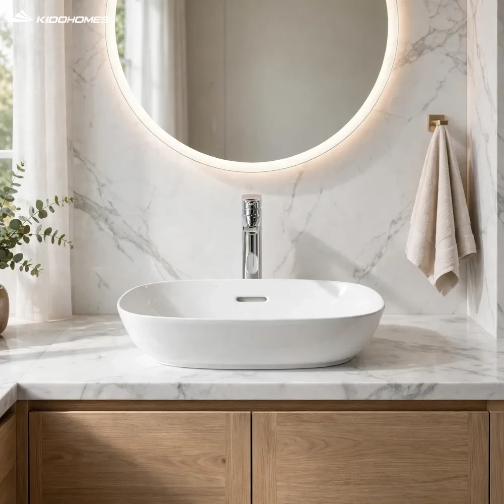 Phối cảnh phòng tắm khách sạn với chậu lavabo đặt bàn INAX AL-622V và vòi cổ cao trên bàn đá