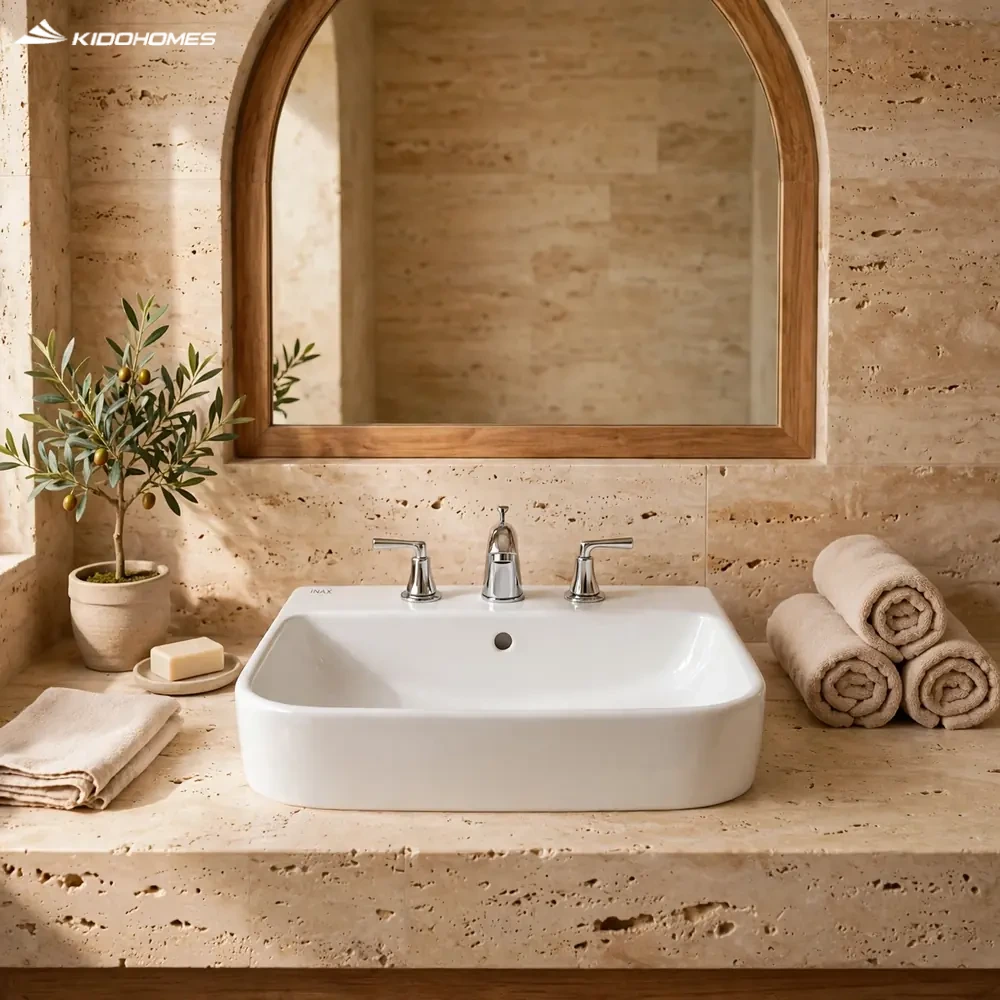 Phối cảnh phòng tắm spa đá travertine với chậu lavabo đặt bàn INAX AL-632VEC và bộ vòi 3 lỗ